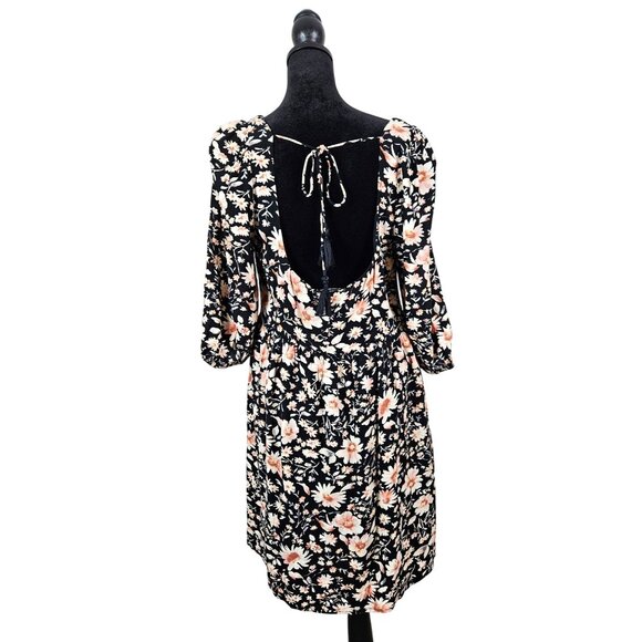 American Eagle Floral Print Black Dress Puff Sleeves & Open Back W/ Tie Detail M - Picture 4 of 12